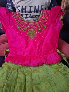 Girls Pink and Green Embroidered Frock
