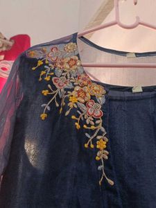 Embroidered Blue Top with jacket and bottom