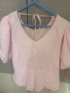 Pink Puff Sleeve Tie-Back Top