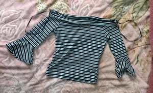 Stripped Off Shoulder Flare Sleeve Top