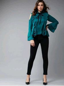 💚Teal Ruffle Cold Shoulder Top