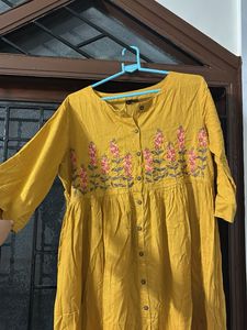 Mustard Floral Embroidered Kurta