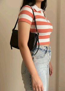 Striped Crop Polo Top