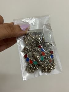 Ganesha Trishul Colourful Silver Jhumka