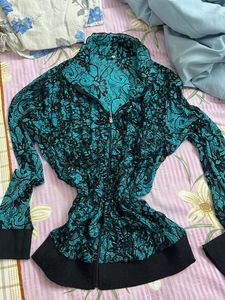 Lace Zip Up Goth Jacket Top Black & Teal