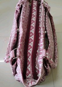 White With Maroon Motifs Allover Handbag