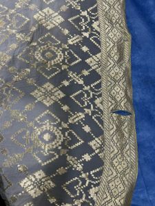 Grey &amp; Gold Silk Saree with Teal Contrast