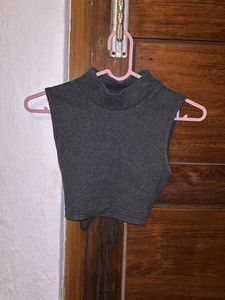 Gray Mock Neck Sleeveless Open Back Crop Top