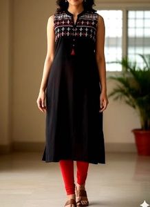 Embroidered Sleeveless Black Kurti