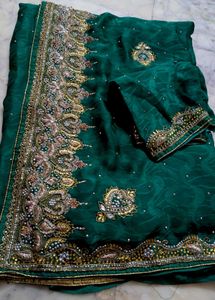Green Embroidered Saree with dimond peach work