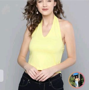 SASSAFRAS Yellow Pure Cotton Solid Halter Neck Top