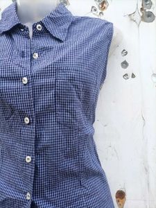 Blue Checkered Sleeveless Blouse