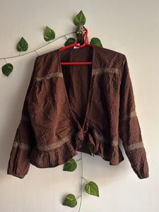 Brown Tie-Front Peplum Cardigan