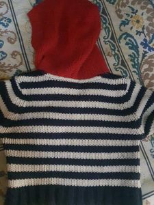 Striped baby sweater with red hood 6 To 12 Month