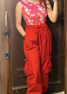 Red Cargo Pants - Trendy Wide Leg Trousers