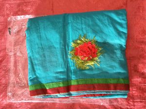 Blue with Red Floral Design ChanderiCotton Saree