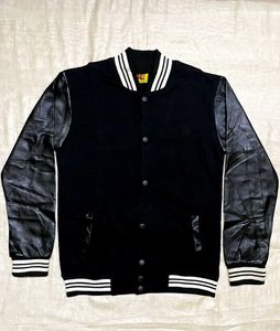 Varsity Bomber Jacket Black Faux Leather Sleeves