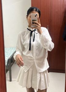 White Bow Tie Blouse &amp; Skirt Set