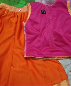 Pink And Yellow Combination Silk Cotton Lehenga