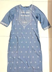 Powder Blue Printed Cotton Kurta