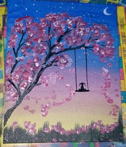 Girl Swing On Tree Night View Canvas Painting