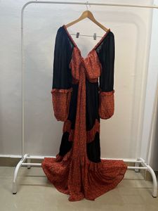 Printed Orange-Black Tiered BOHO Maxi