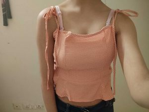 TOKYO TALKIES Cute Orange Gingham Crop Top Peplum