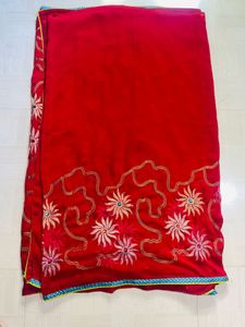 Elegant Red Embroidered Saree🔥