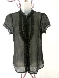 Black Semi Sheer Button Up Ruffle Top