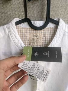 Mens Linen Mix White Mandarin Collar Shirt