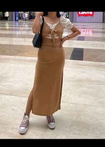 Tan Midi Dress with Tie Detail