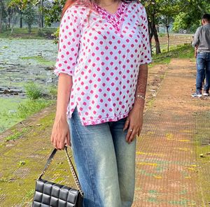 White &amp; Pink Polka Dot Top