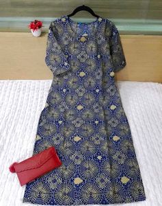 Blue & Gold Circle Pattern Midi Dress