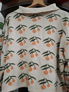 Orange Print Knit Polo Sweater