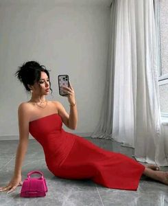 Red Strapless Midi Dress