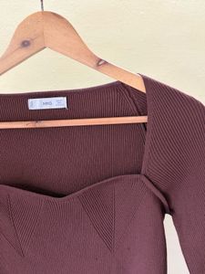 Mango Brown Square Neck Knit Top