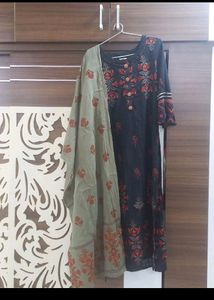 Navy Blue Block Print Straight Kurta Set