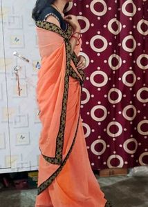 Elegant Peach Saree with Blue Velvet lace Border