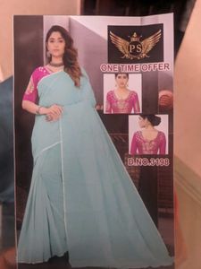 Elegant Cotton Ice Blue Saree with design blouse
