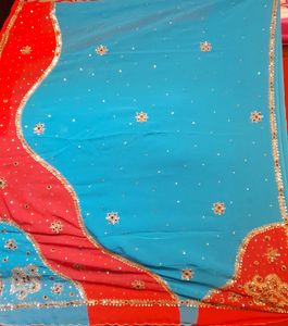 Orange Blue Embellished Heavily Lacha Saree Blouse