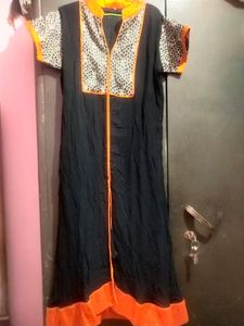 Long Kurti Orange And Black With GOlden Patch Work