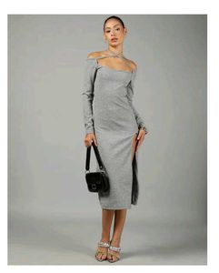 Gray Off-Shoulder Slit Midi Dress