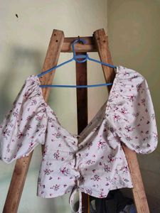 White Floral Puff Sleeve With Tie Up Back Crop Top