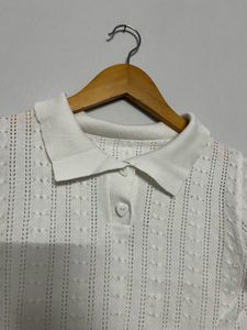Cute White Knit Polo Top