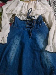 Denim Skirt &amp; Ruffle Blouse Set