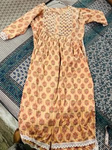 Elegant Beige Floral Cotton Anarkali Kurta