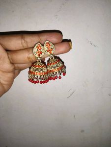 Red &amp; Gold Jhumka Earrings