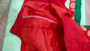 Mint Green Saree &amp; Red stitched Blouse