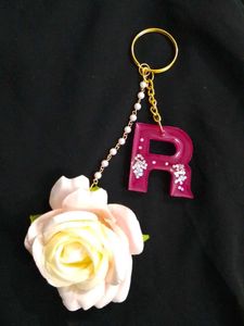 Pink Initial R Floral Keychain