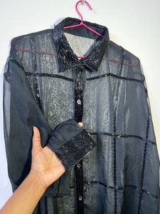 Black Transparent Shirt With Heavy Bead Work